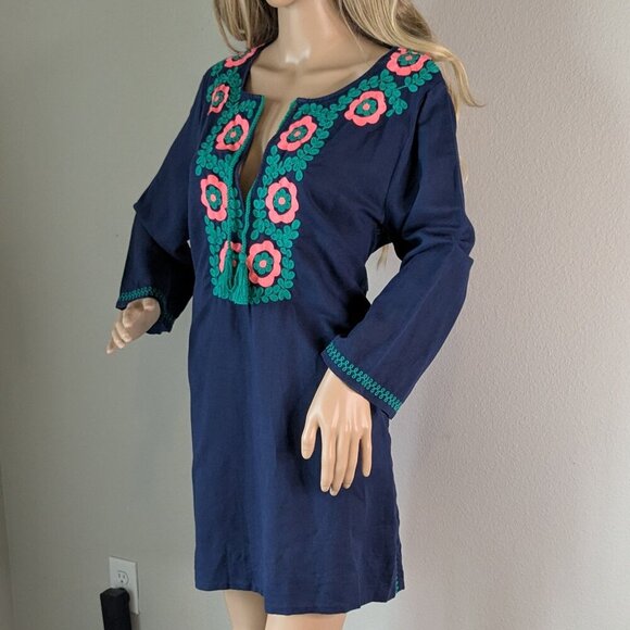 J. Crew Dress Large Blue Embroidered Beach Tunic Cover-up Tassels Linen-Blend - Picture 8 of 16